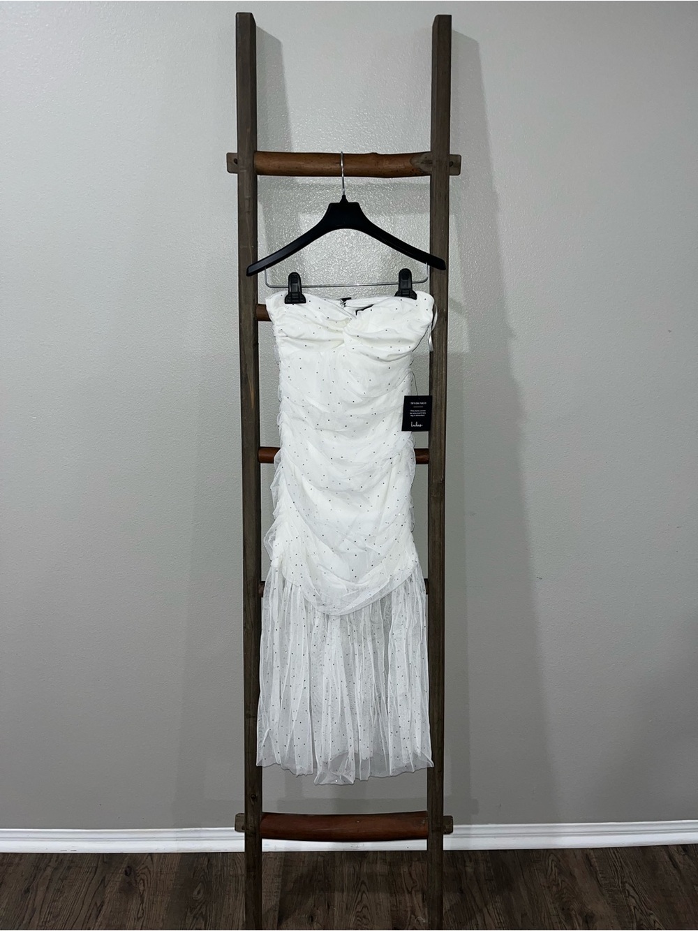 White Strapless Sequin Tulle Maxi Dress
